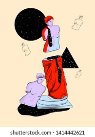 Antique sculpture in surreal style. Abstract illustration. Poster design. Modern art. Tarot card. Esoteric psychedelic collage. 