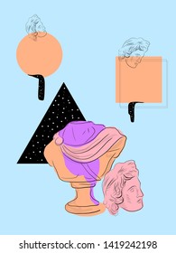Antique sculpture in surreal style. Abstract illustration. Poster design. Modern art. Tarot card. Esoteric psychedelic collage. 