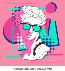 Antique sculpture. Traditional greek bust with trendy abstract elements, marble statue portrait in sunglasses and tattoos. Woman head modern graphics on abstract background vector concept