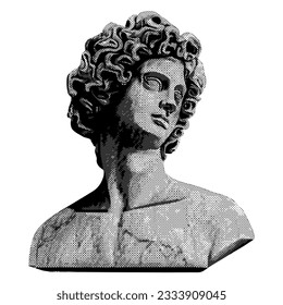 antique sculpture of young curly man white marble isolated in retro halftone texture vintage dotted pop art style cut out collage elements for mixed media grunge punk vector illustration