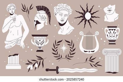 Antique sculptures. Traditional greek style monuments and art objects, gypsum and marble elements, statues portrait, busts and statues. Olive branch, harp and sword. Vector isolated set