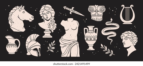 Antique sculptures. Vector set. Roman female and male statues, vases, musical instruments and architectural elements. Antique objects, decorative artwork and monuments isolated collection