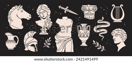 Antique sculptures. Vector set. Roman female and male statues, vases, musical instruments and architectural elements. Antique objects, decorative artwork and monuments isolated collection