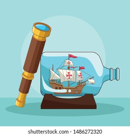 Antique sea navigation tools telescope and boat in bottle cartoons on blue background vector illustration graphic design