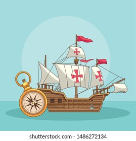 Antique sea navigation tools wooden ship and compass cartoons on blue background vector illustration graphic design