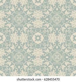 Antique seamless background Asian botanic garden spiral vine leaf flower chintz