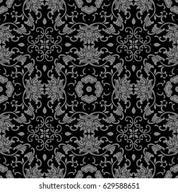 Antique seamless background Asian botanic garden spiral vine leaf flower chintz