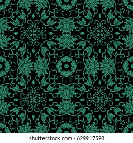 Antique seamless background Asian botanic garden spiral vine leaf flower chintz