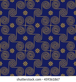 Antique seamless background image of vintage blue golden spiral cross flower
