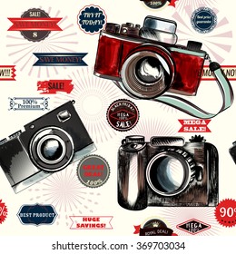 Antique seamless background with stickers labels and hand drawn retro cameras