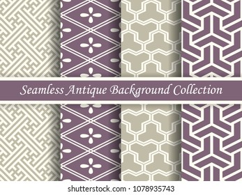 Antique seamless elegant purple tone background image collection, four stylish retro design pattern for greeting card or wallpaper decoration.