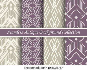 Antique seamless elegant purple tone background image collection, four stylish retro design pattern for greeting card or wallpaper decoration.