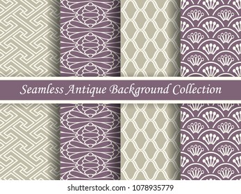 Antique seamless elegant purple tone background image collection, four stylish retro design pattern for greeting card or wallpaper decoration.