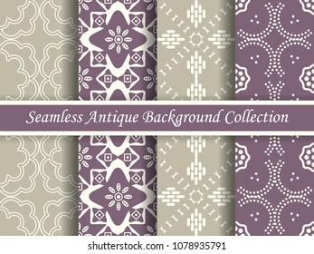 Antique seamless elegant purple tone background image collection, four stylish retro design pattern for greeting card or wallpaper decoration.