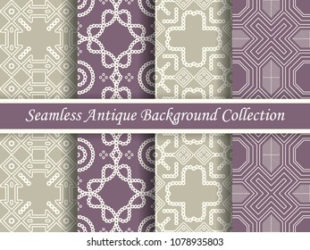 Antique seamless elegant purple tone background image collection, four stylish retro design pattern for greeting card or wallpaper decoration.