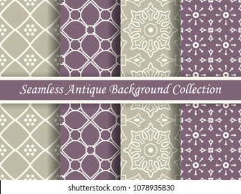 Antique seamless elegant purple tone background image collection, four stylish retro design pattern for greeting card or wallpaper decoration.