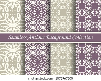 Antique seamless elegant purple tone background image collection, four stylish retro design pattern for greeting card or wallpaper decoration.