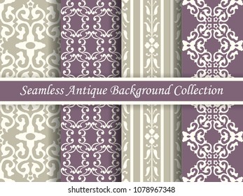 Antique seamless elegant purple tone background image collection, four stylish retro design pattern for greeting card or wallpaper decoration.