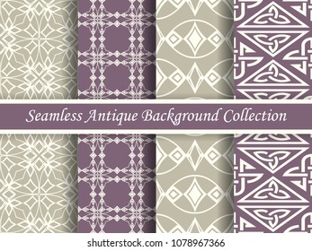 Antique seamless elegant purple tone background image collection, four stylish retro design pattern for greeting card or wallpaper decoration.
