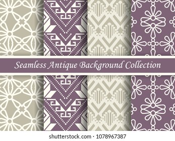 Antique seamless elegant purple tone background image collection, four stylish retro design pattern for greeting card or wallpaper decoration.