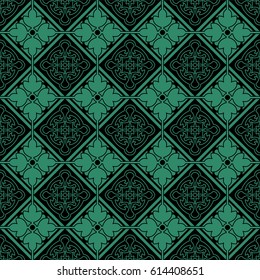 Antique seamless green background check cross round flower