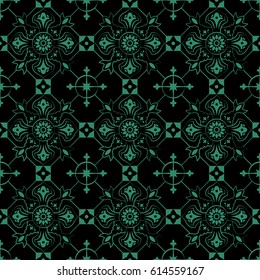 Antique seamless green background check round cross flower