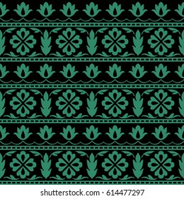 Antique seamless green background cross flower leaf wave line