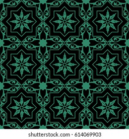Antique seamless green background Islam star cross spiral flower vine