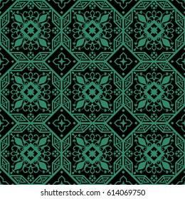Antique seamless green background octagon cross flower vine