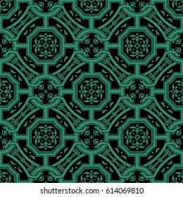 Antique seamless green background polygon chain cross flower