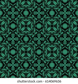 Antique seamless green background round spiral kaleidoscope flower