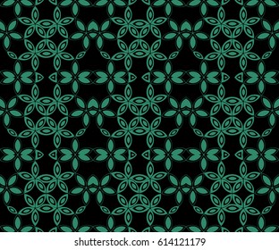 Antique seamless green background round star curve cross flower