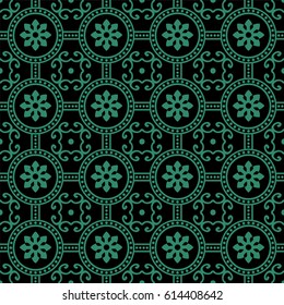 Antique seamless green background round flower cross dot line
