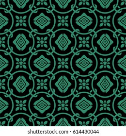 Antique seamless green background round circle cross chain flower
