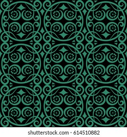 Antique seamless green background round spiral flower vine