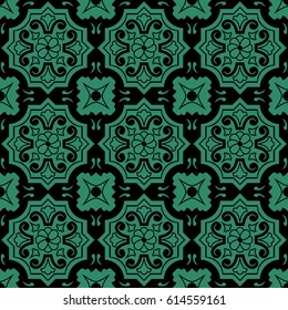 Antique seamless green background round polygon flower line