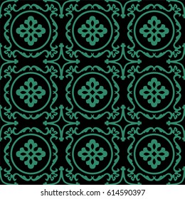 Antique seamless green background round leaf spiral kaleidoscope