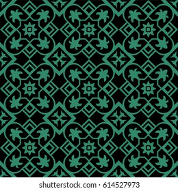 Antique seamless green background square check cross flower