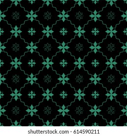 Antique seamless green background star flower cross line