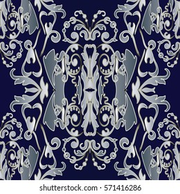Antique seamless pattern. Baroque wallpaper with vintage medieval  flowers,  leaves and luxury floral  ornaments in Victorian style.. Vector royal texture. Dark blue damask   background.
