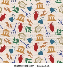 Antique seamless pattern. Greek background with amphora, temple, lightning, cittern, kyathos, olive branch and trident. Vector illustration