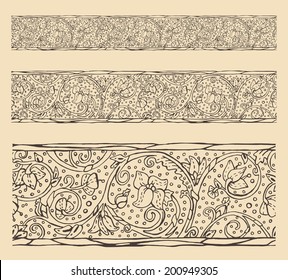 Antique seamless vector border, Medieval engraving style floral ornament with flowers and vintage swirls on parchment