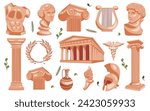 Antique set from the era of ancient Greece. Columns, busts, statues, wreaths of the ancient era for history, museums, culture. Set of antique elements in minimalistic style for unique designs