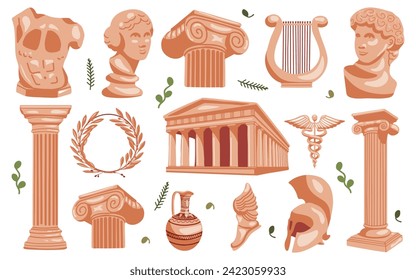 Antiguo escenario de la antigua Grecia. Columnas, bustos, estatuas, coronas de la época antigua para la historia, museos, cultura. Conjunto de elementos antiguos en estilo minimalista para diseños únicos