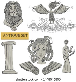 Antique set: lion head statue, column, head of medusa gorgon, wing, goddess Themis, garpia. Woman with wings and body of bird , female portrait with snakes in hair. Hand drawn style isolated on white.