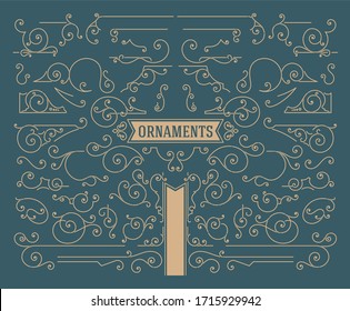Antique set of swirls and scrolls design elements. Flourishes set for retro design, greeting cards, invitations, weddings designs and other. Vector set.