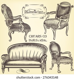 Antique set of vector hand drawn chairs  in vintage style