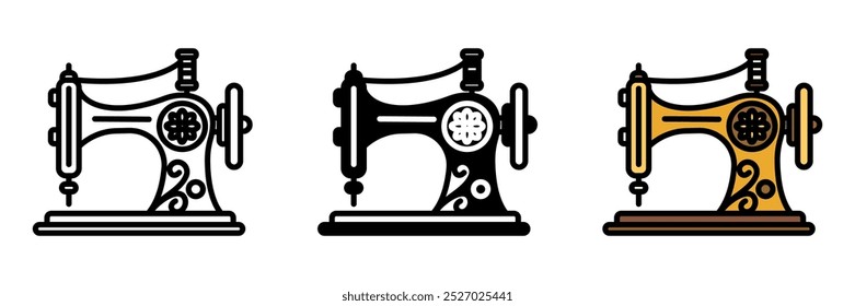 Antique Sewing Machine Icon, A vintage sewing machine, manually or mechanically operated, known for its intricate design and durable build.