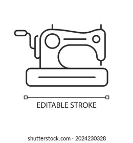 Antique sewing machine linear icon. Collectible equipment with hand crank and treadle. Thin line customizable illustration. Contour symbol. Vector isolated outline drawing. Editable stroke