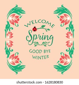 Antique shape of leaf and floral frame, for seamless welcome spring greeting card decor. Vector